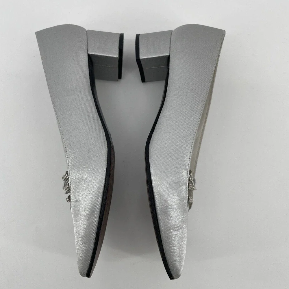 Stuart Weitzman Satin‎ Shoes Women's 7 N Silver Matte Prom Block Heel *READ